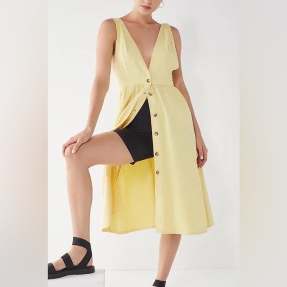 UO Danny Yellow Plunging Button Down Denim Midi Dress Sleeveless Urban Outfitter - Picture 3 of 12